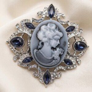 Cameo Brooch Blue Rhinestone Silver Tone Vintage Style Statement Pin 2”